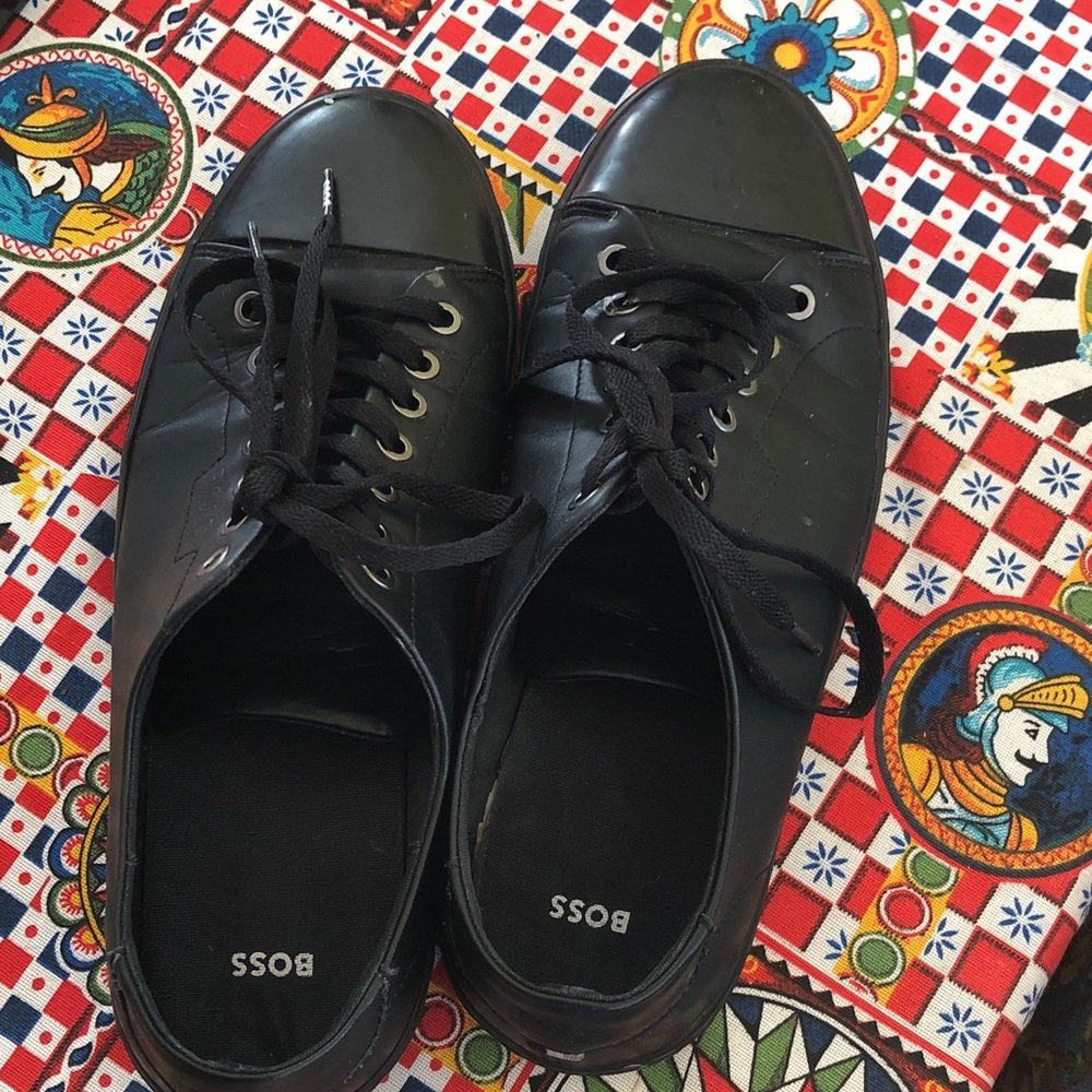 BOSS Men's Black Leather Lace-Up Sneakers